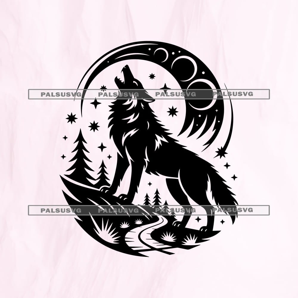 Howling Wolf and Moon SVG