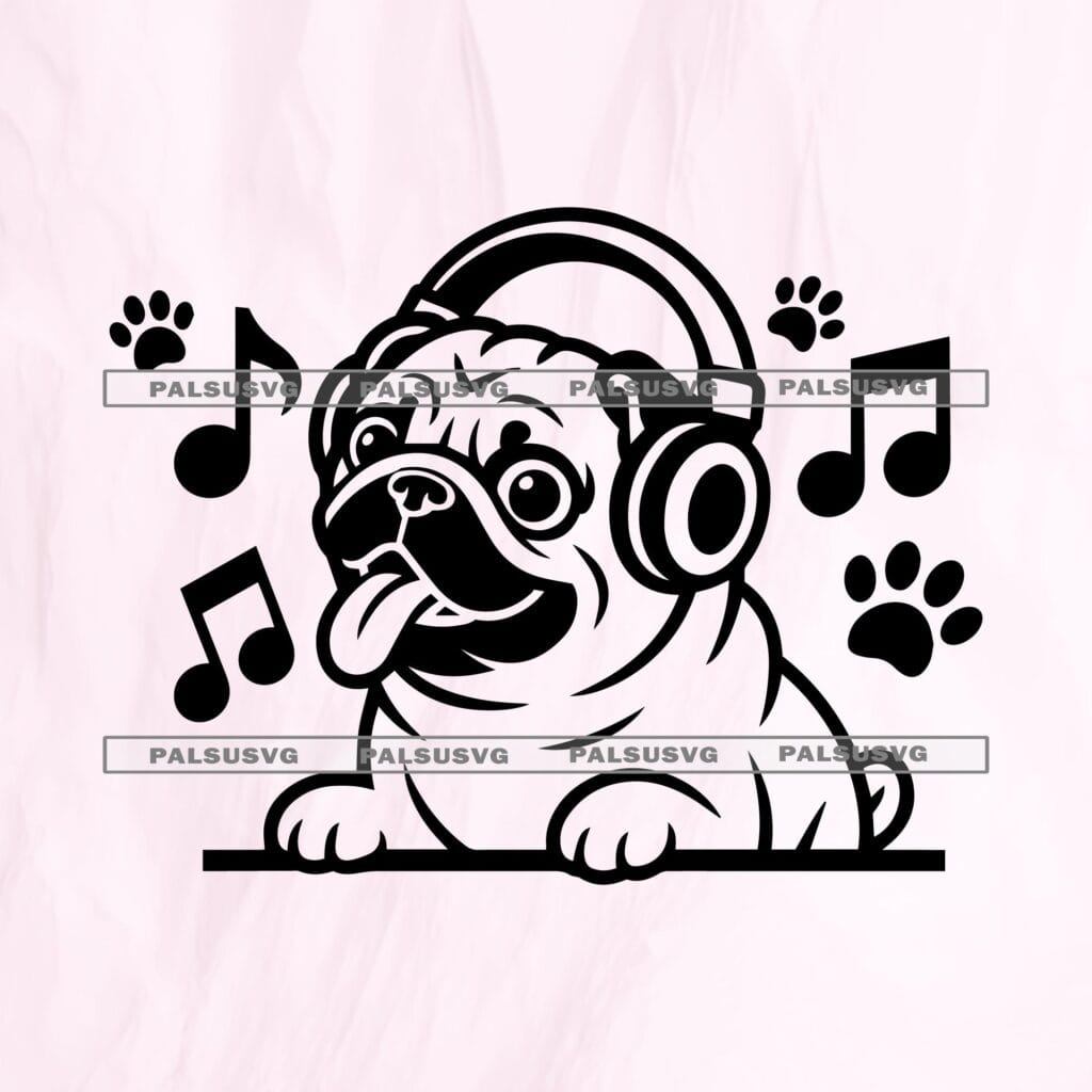 Pug with Headphones SVG, Funny Dog Lover Design (Digital Download)