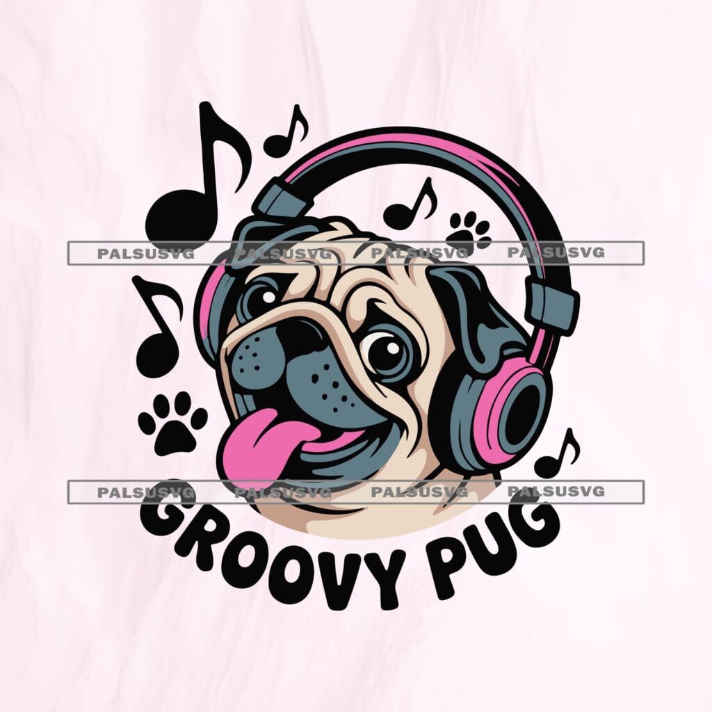 Funny Pug with Headphones SVG, Music Lover Dog PNG (Digital Download)