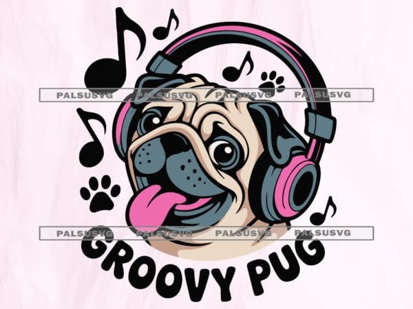 Funny Pug with Headphones SVG, Music Lover Dog PNG (Digital Download)