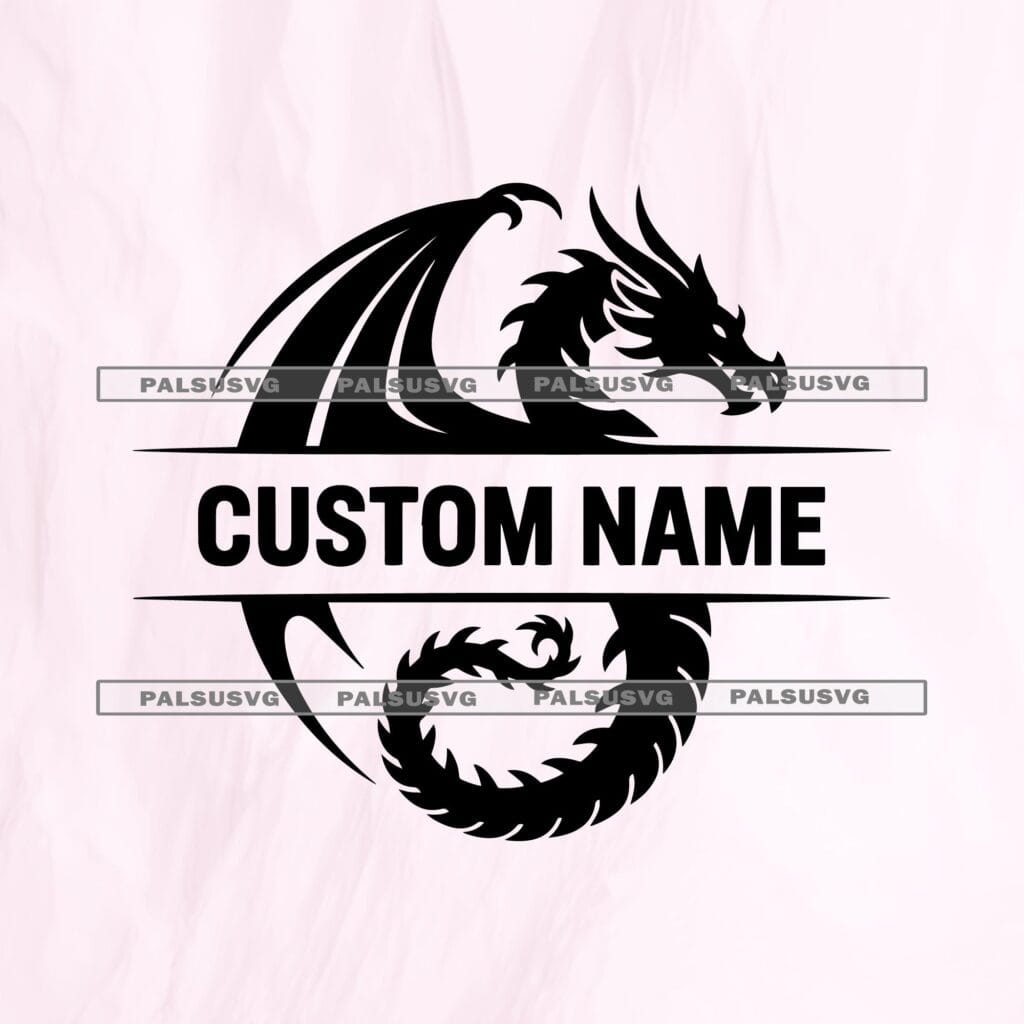Dragon Split Monogram SVG – Custom Name Frame Fantasy Gamer Room Decor Mythical Beast Boys Shirt Cut File (Digital Download)